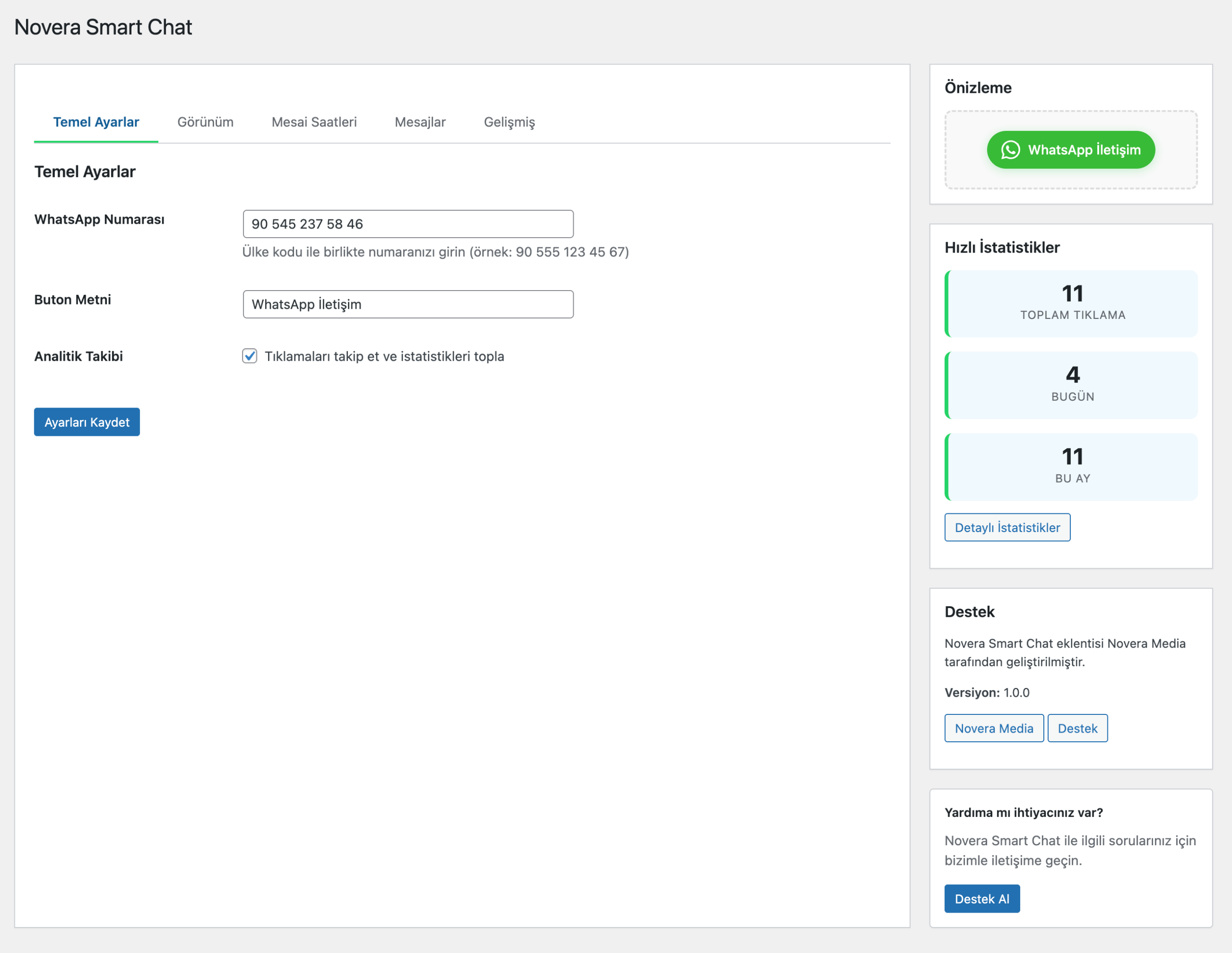 Novera Smart Chat Ayarlar Paneli