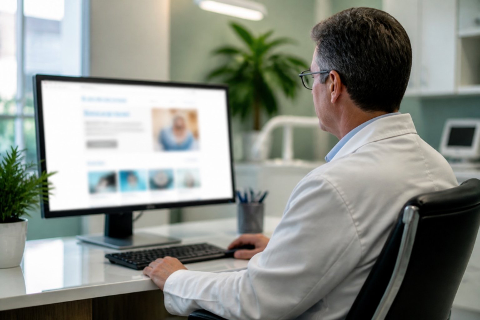 Muayenehanesinde bilgisayardan klinik web sitesini inceleyen doktor