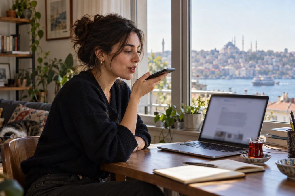 Telefonuna sesle soru soran ve dizüstü bilgisayarda yapay zeka özeti okuyan kadın