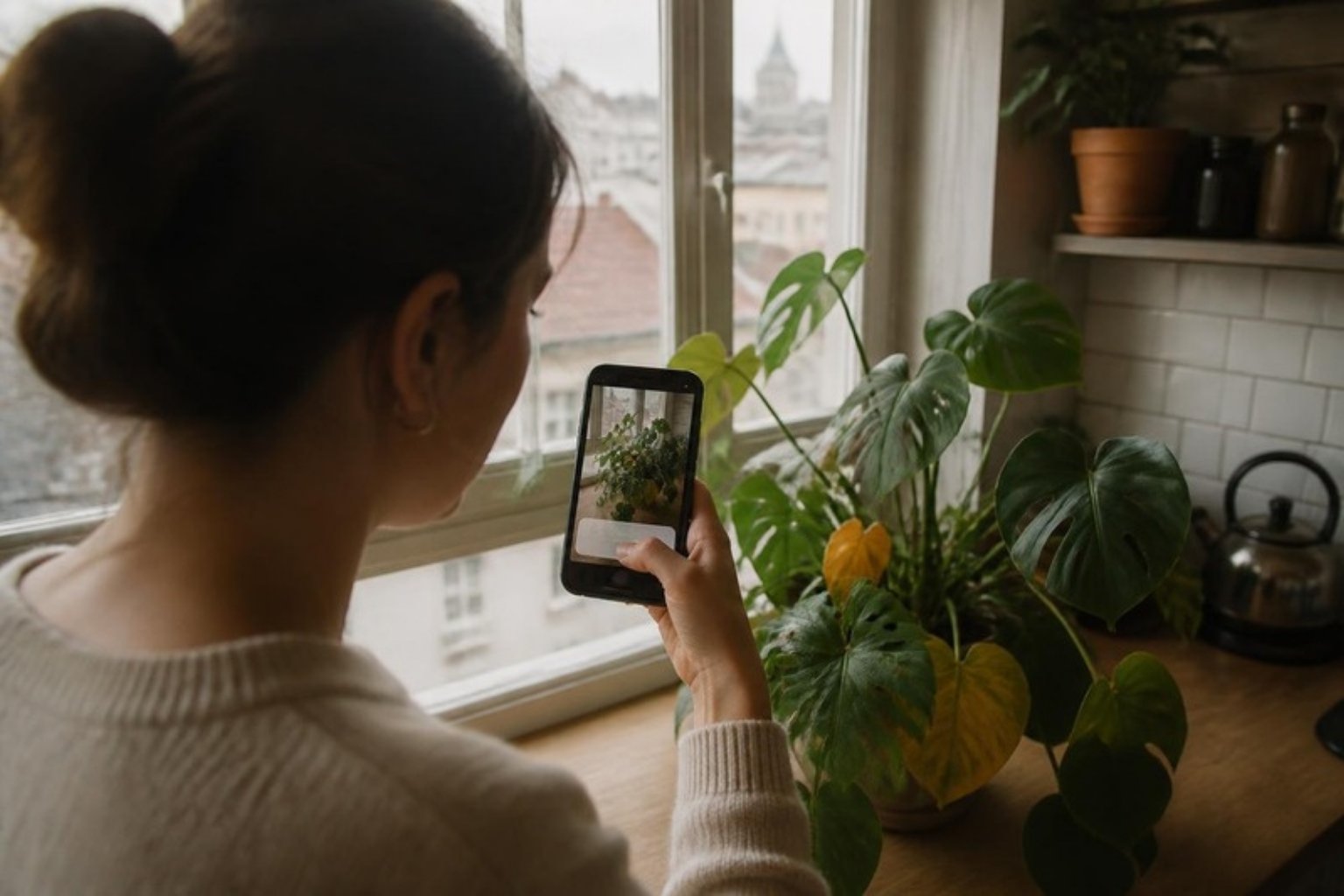 Mutfakta telefon kamerasını sararmış yapraklı bir bitkiye tutarak soru soran kadın