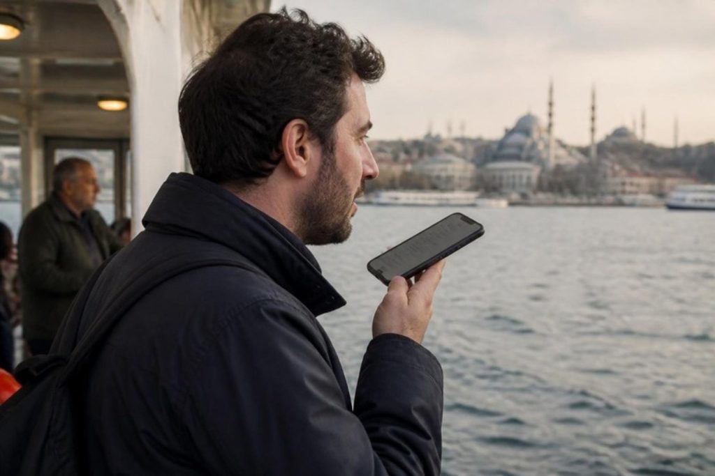 Vapurda telefonuna sesle soru soran adam, arkada İstanbul silueti