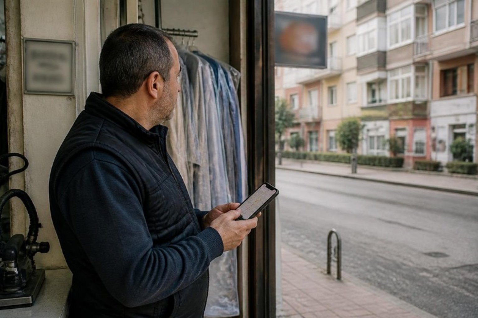 Business owner at the shop door comparing the map on a phone with the street