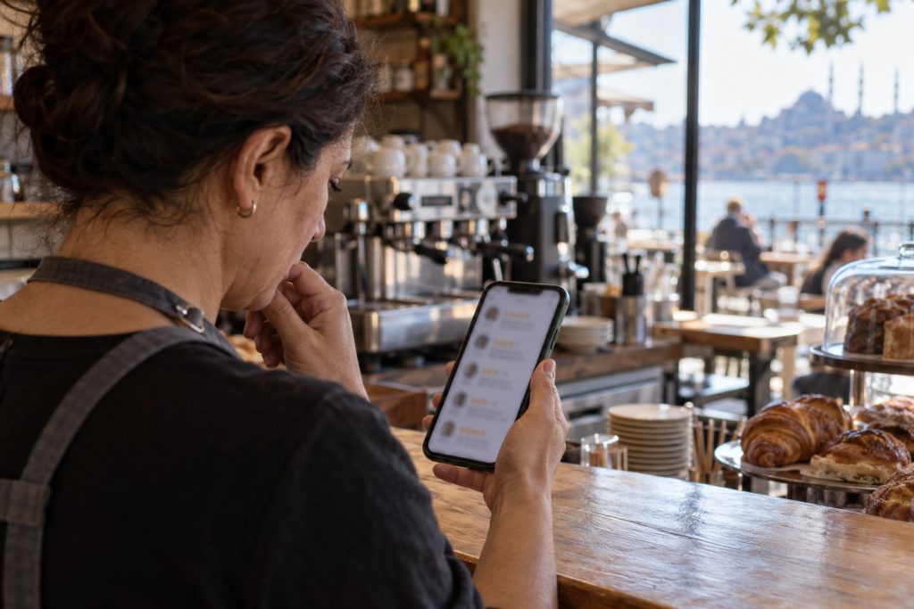 Kafe tezgahında telefonundan Google yorumlarına bakan işletme sahibi