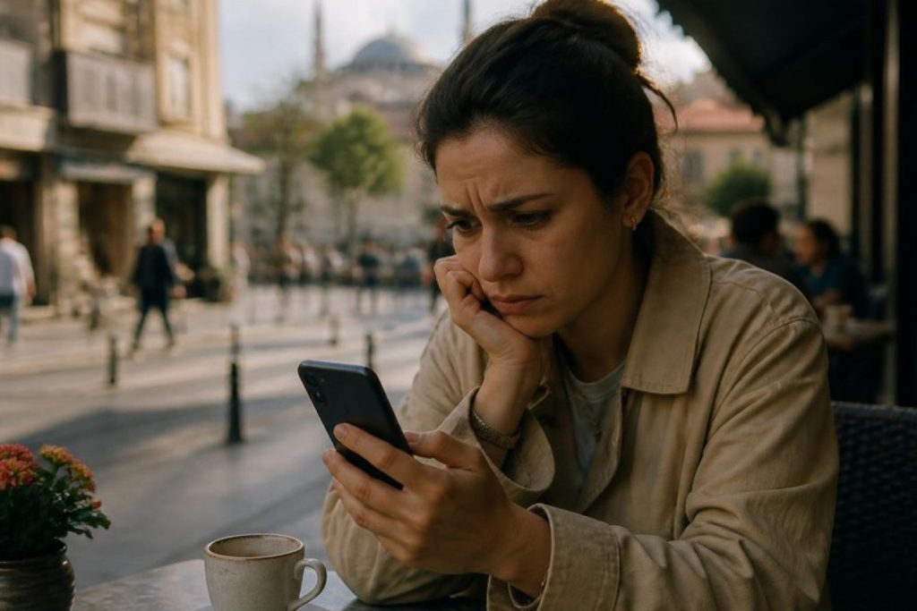 Kafede telefonuna endişeyle bakan işletme sahibi kadın