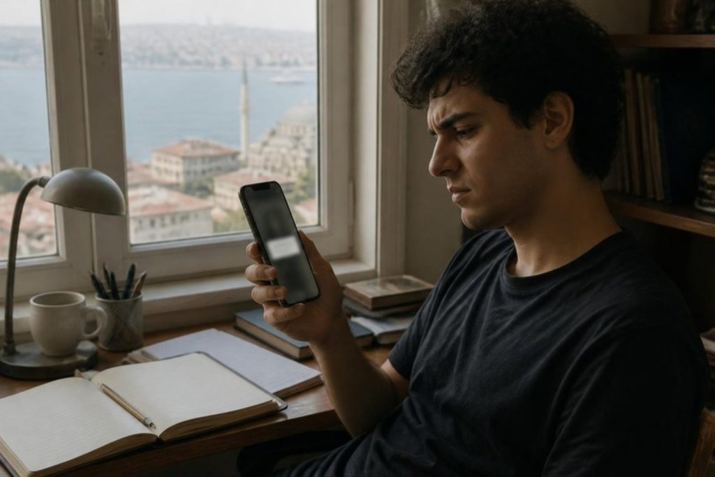 Evdeki çalışma masasında telefonuna şaşkın bakan genç adam