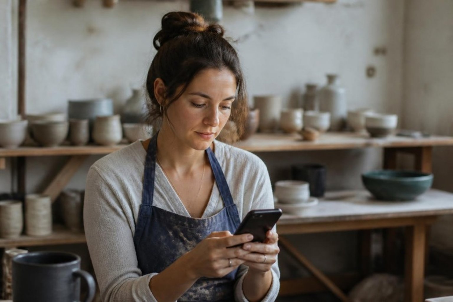Seramik atölyesinde işini bırakıp telefonuna bakan işletme sahibi