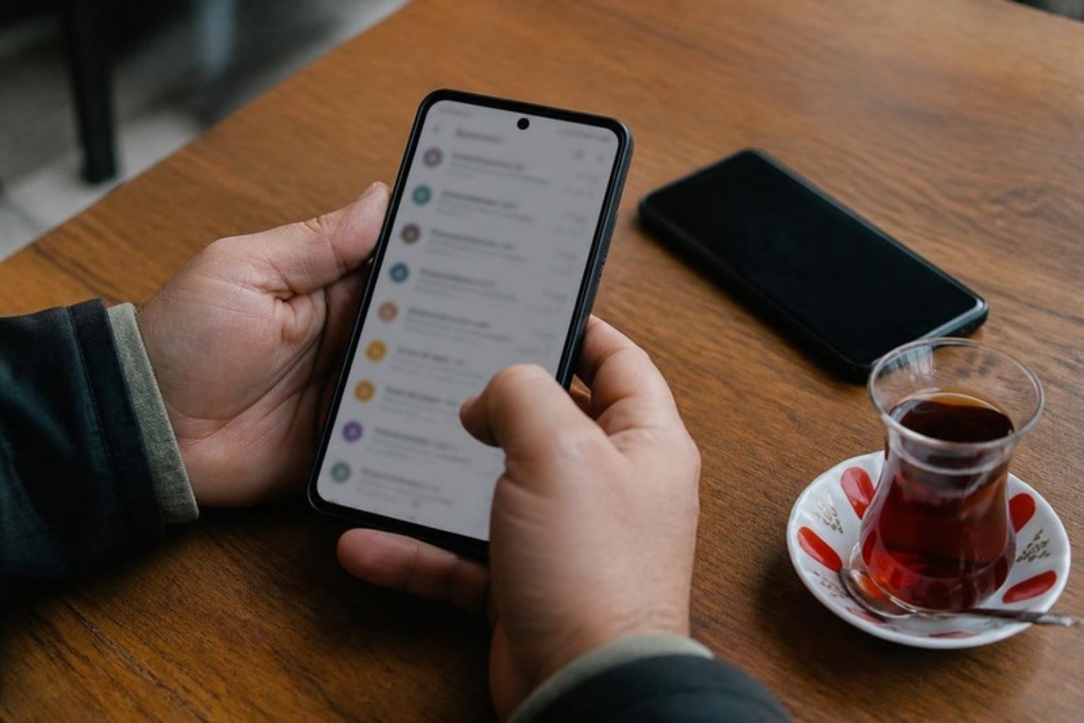 Hands checking an email inbox on a phone in a cafe, with a second phone beside it
