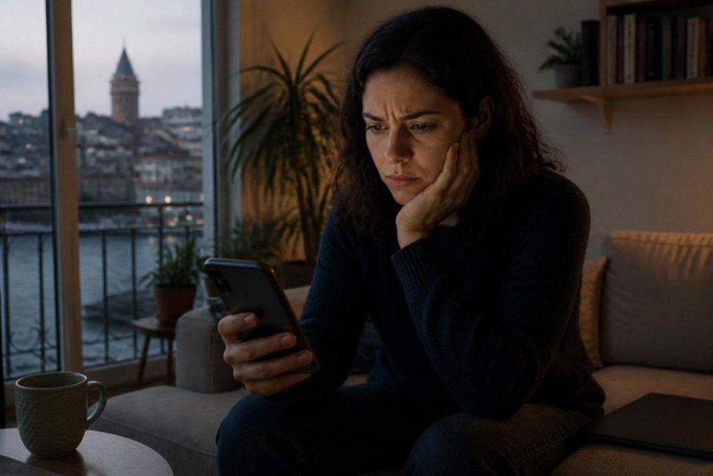 Kanepede telefonunda Instagram doğrulama kodunu bekleyen kadın
