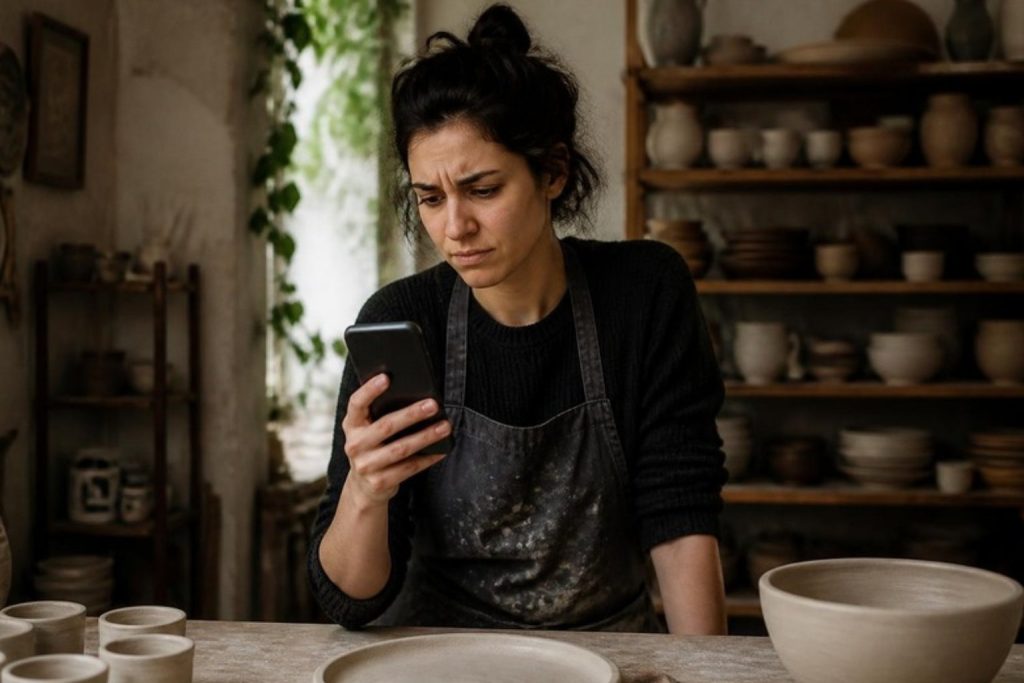 Seramik atölyesinde telefonundaki mesaj kutusuna bakan kadın