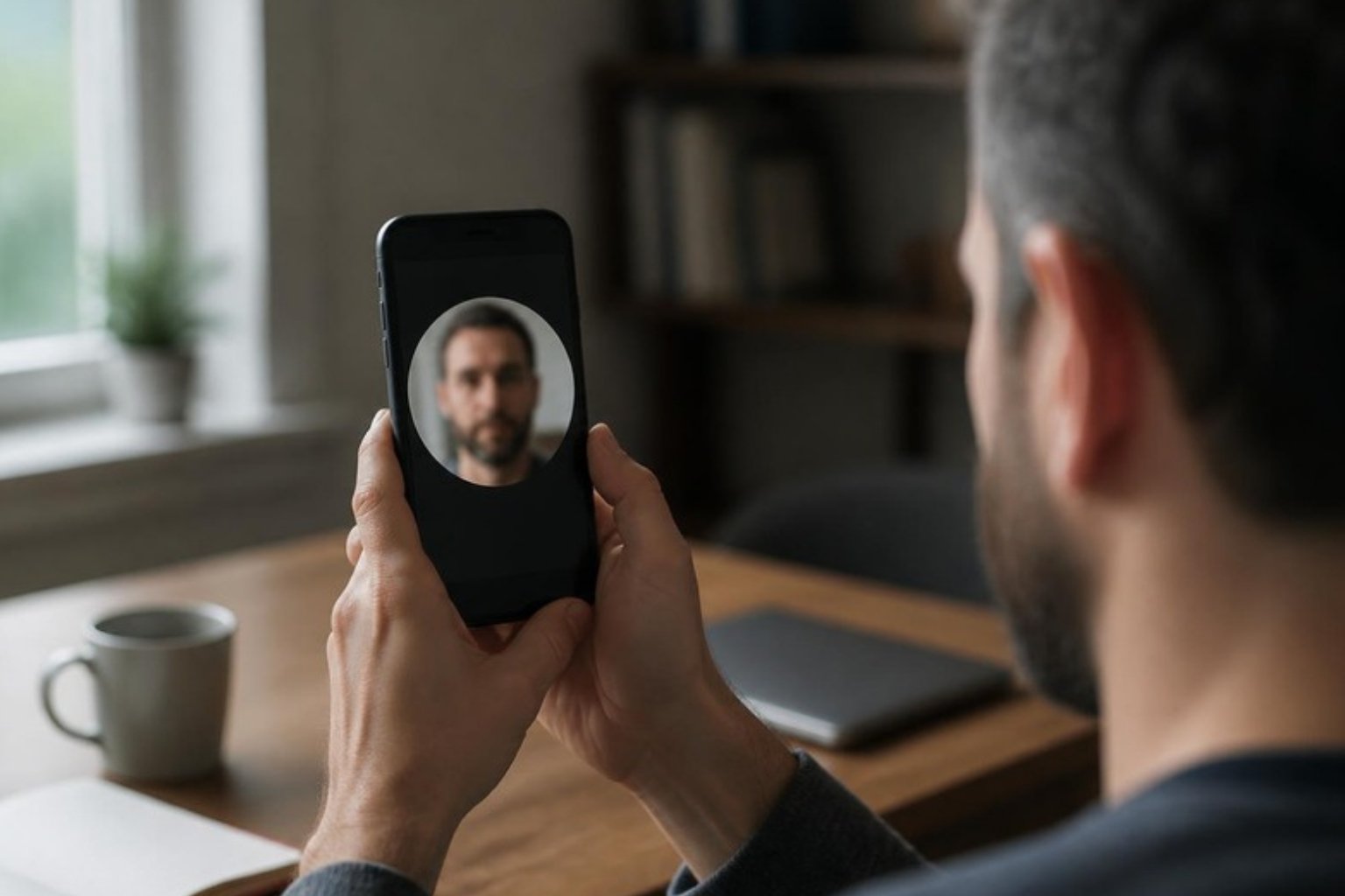 Man holding a phone in front of his face to record a video selfie