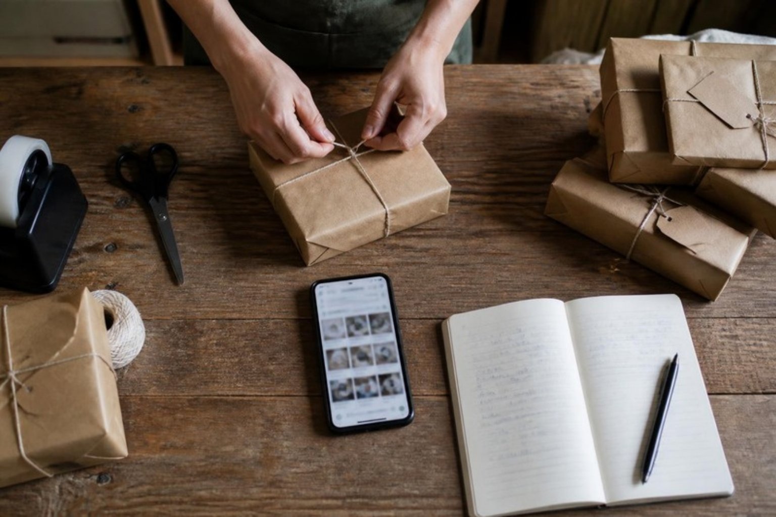 Phone with a product catalog open in a chat app on a packing table, with shipping boxes and a notebook