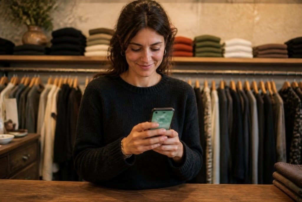 Butik sahibi tezgahta telefondan müşteri mesajlarına cevap veriyor
